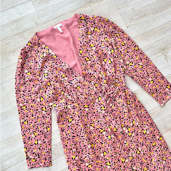 Leith Leopard Print Long‎ Sleeve Satin Midi Wrap Dress | Pink Size Small - Picture 2 of 8